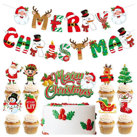 Christmas Party Cake Decoration Set Merry Christmas Banner Cupcake Topper Decor