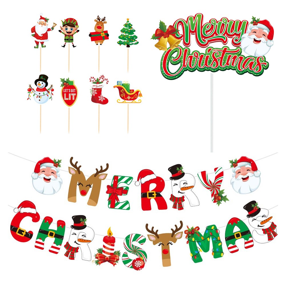 Christmas Party Cake Decoration Set Merry Christmas Banner Cupcake Topper Decor
