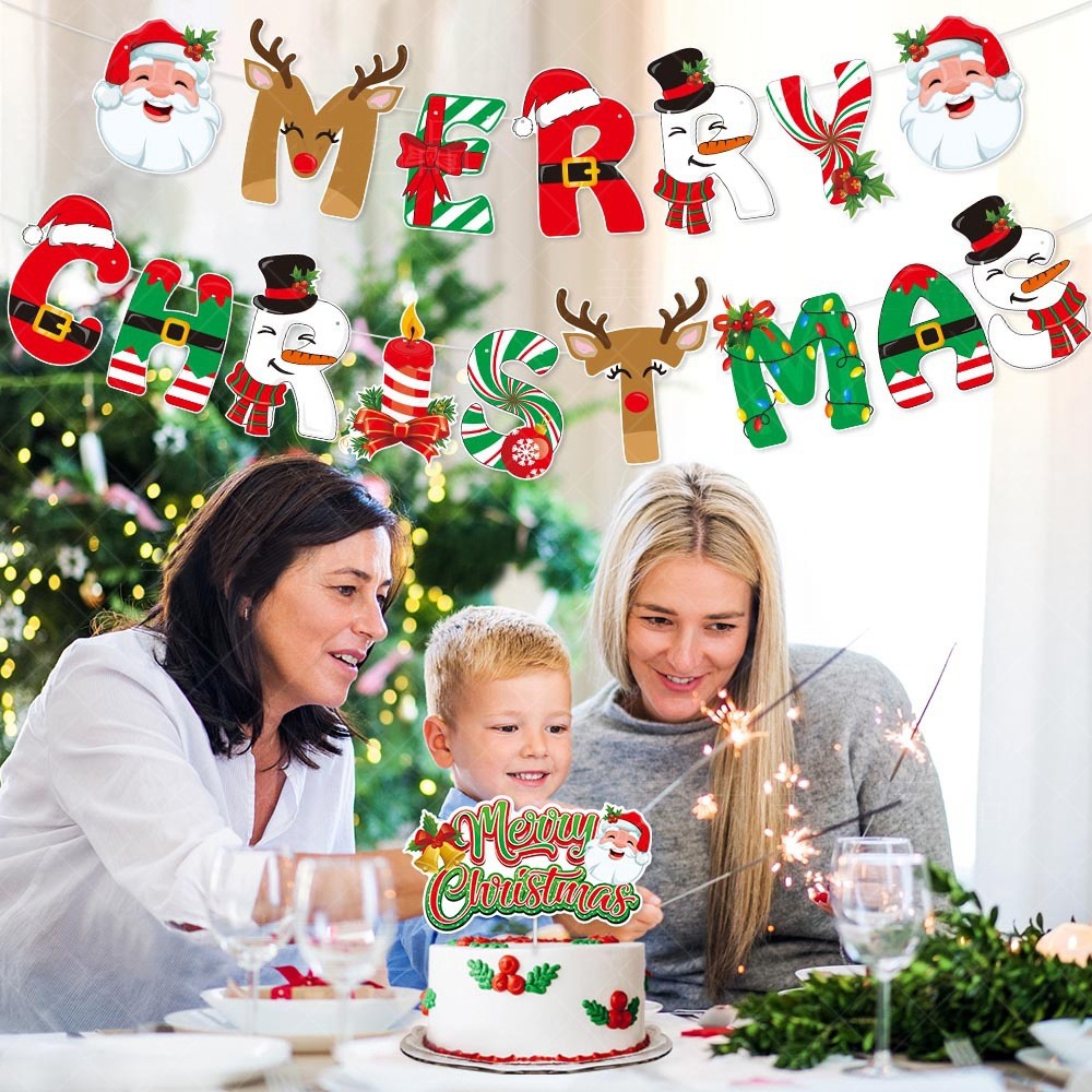 Christmas Party Cake Decoration Set Merry Christmas Banner Cupcake Topper Decor