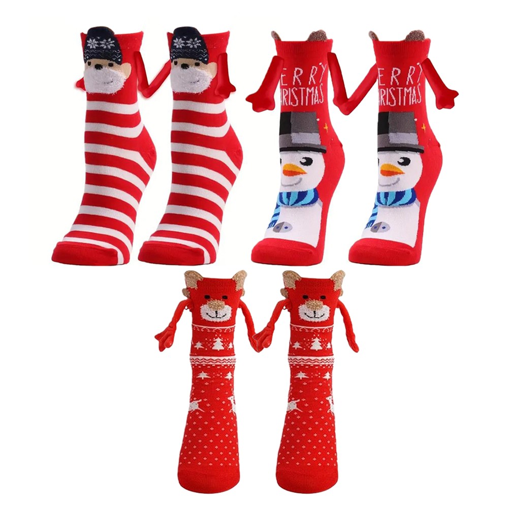 3 Pairs of Christmas Holding Hands Socks Mixed Color Socks for Couples Bestie - Set 1