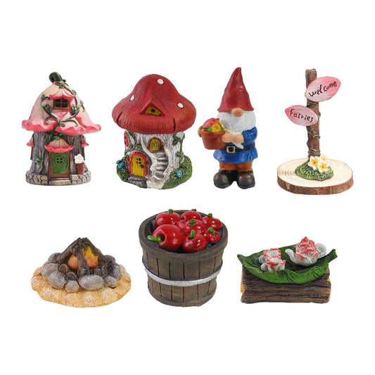 7Pcs Miniature Garden Ornaments Resin Gnomes Mushroom House Statues