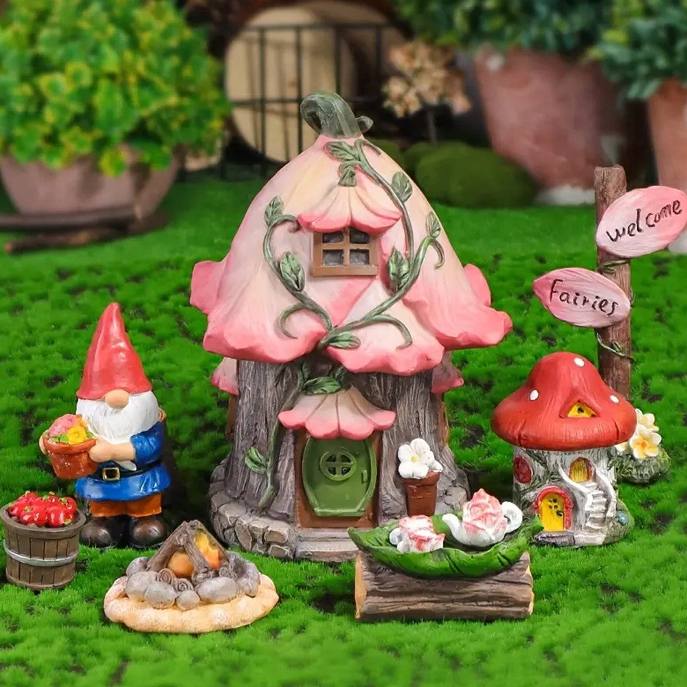 7Pcs Miniature Garden Ornaments Resin Gnomes Mushroom House Statues