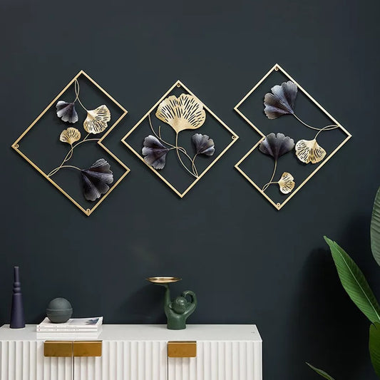 3-Piece Metal Ginkgo Leaf Wall Art Decor Set Home Wall Hangings - Dark Blue
