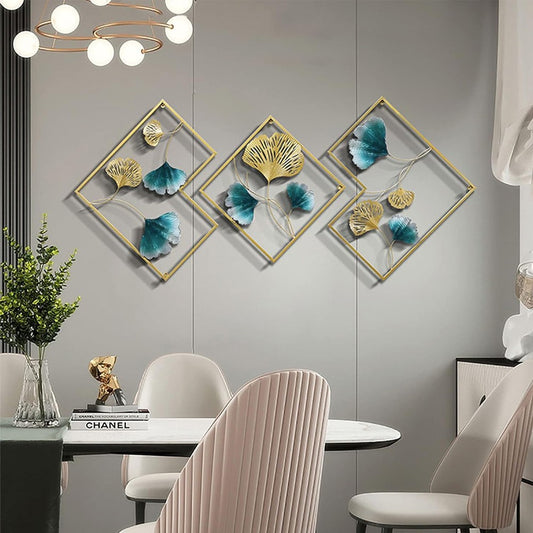 3-Piece Metal Ginkgo Leaf Wall Art Decor Set Home Wall Hangings - Light Blue