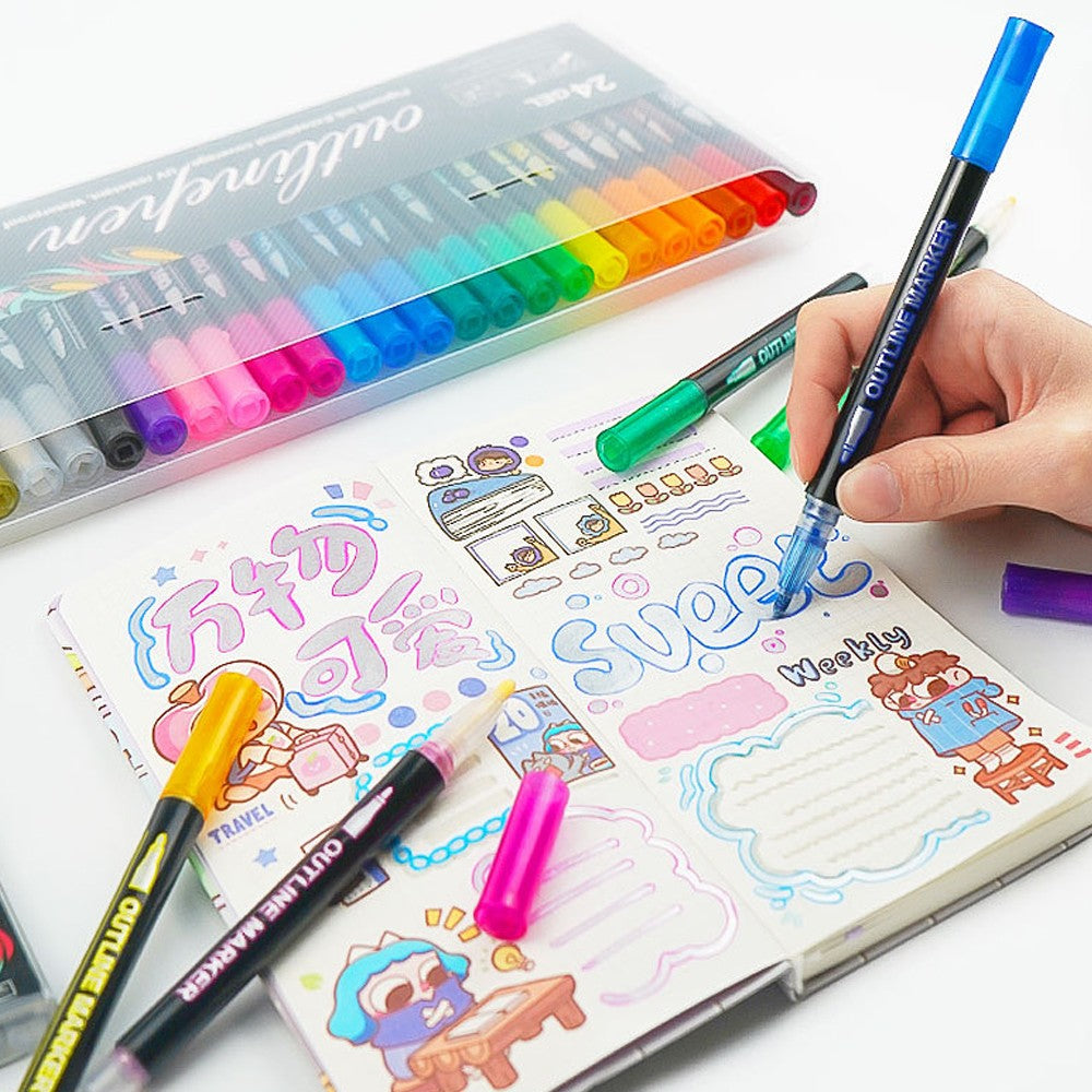 12 Colors Marker Set Multicolored Double Line Outline Marker Painting Pen