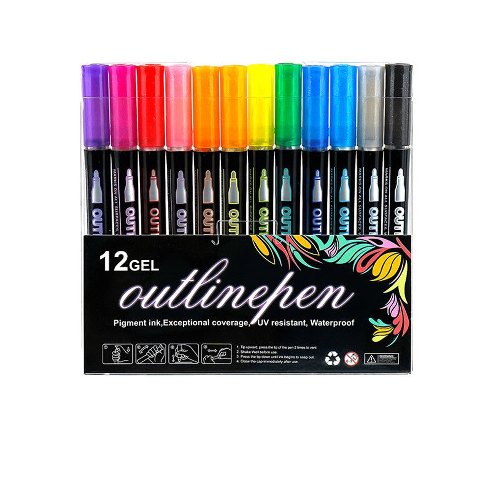 12 Colors Marker Set Multicolored Double Line Outline Marker Painting Pen