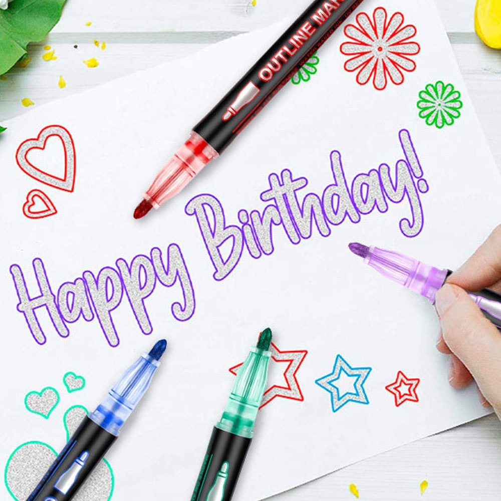 12 Colors Marker Set Multicolored Double Line Outline Marker Painting Pen