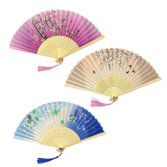 3Pcs Flower Patterns Fabric Folding Fan Bamboo Handle Hand Fan - Set 1