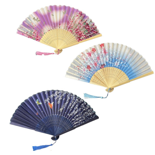 3Pcs Flower Patterns Fabric Folding Fan Bamboo Handle Hand Fan - Set 2