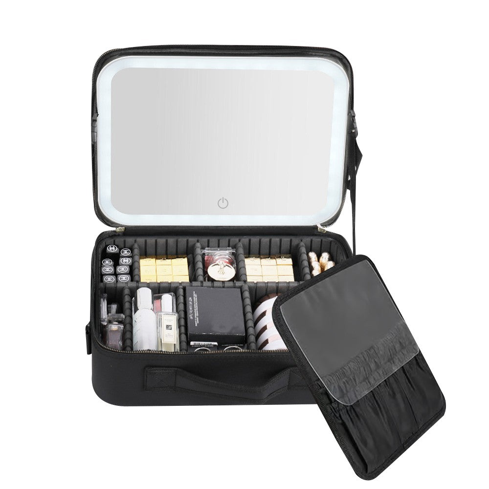 Portable Travel Makeup Case Cosmetic Box with Mirror and LED Light - Black - L