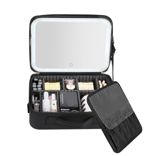 Portable Travel Makeup Case Cosmetic Box with Mirror and LED Light - Black - L