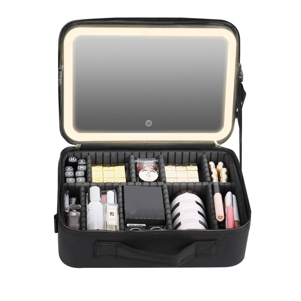Portable Travel Makeup Case Cosmetic Box with Mirror and LED Light - Black - L