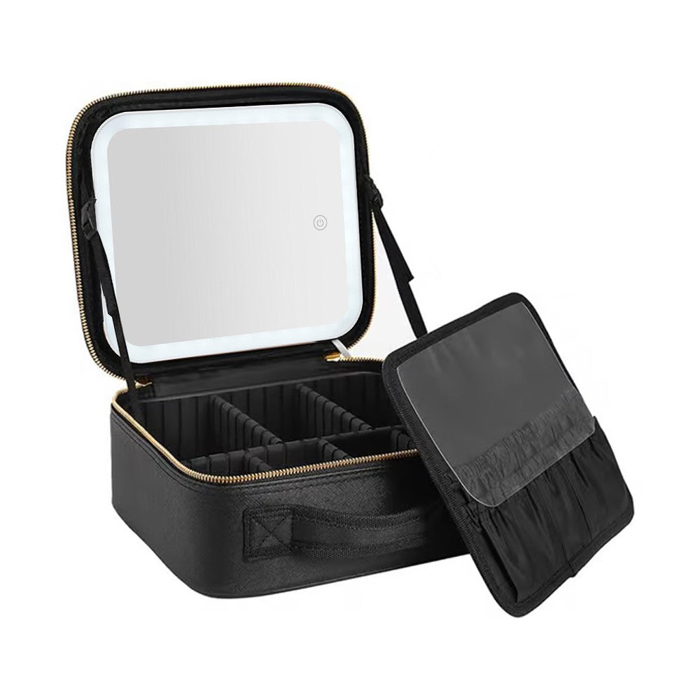 Portable Travel Makeup Case Cosmetic Box with Mirror and LED Light - Black - S