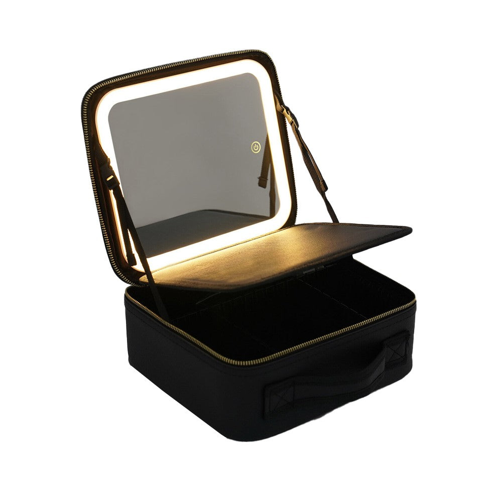 Portable Travel Makeup Case Cosmetic Box with Mirror and LED Light - Black - S