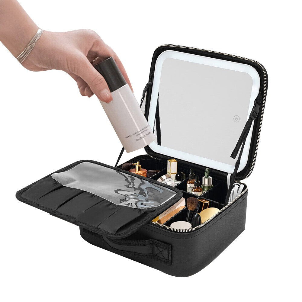 Portable Travel Makeup Case Cosmetic Box with Mirror and LED Light - Black - S