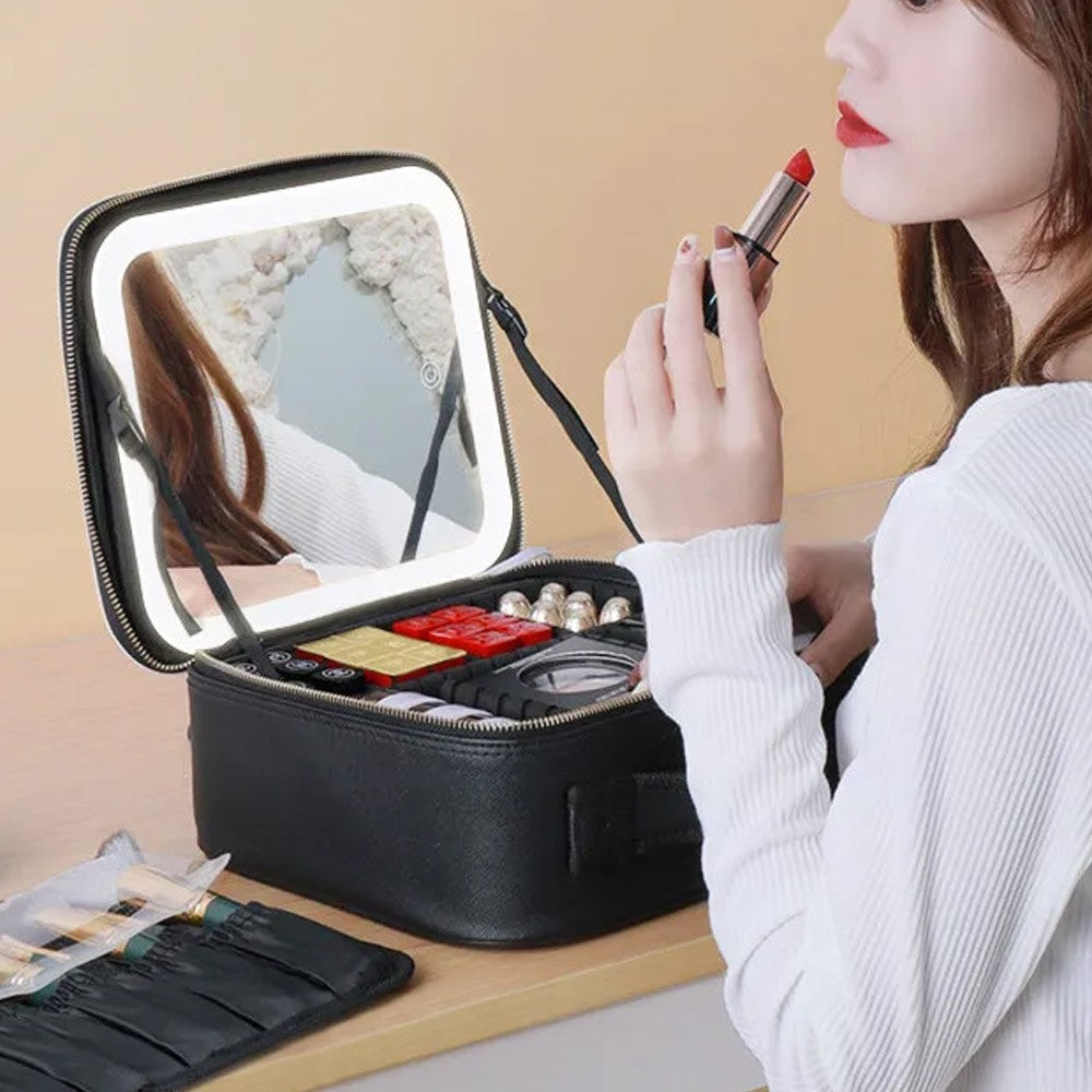 Portable Travel Makeup Case Cosmetic Box with Mirror and LED Light - Black - S