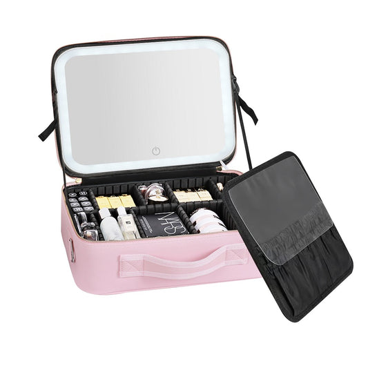 Portable Travel Makeup Case Cosmetic Box with Mirror and LED Light - Pink - L