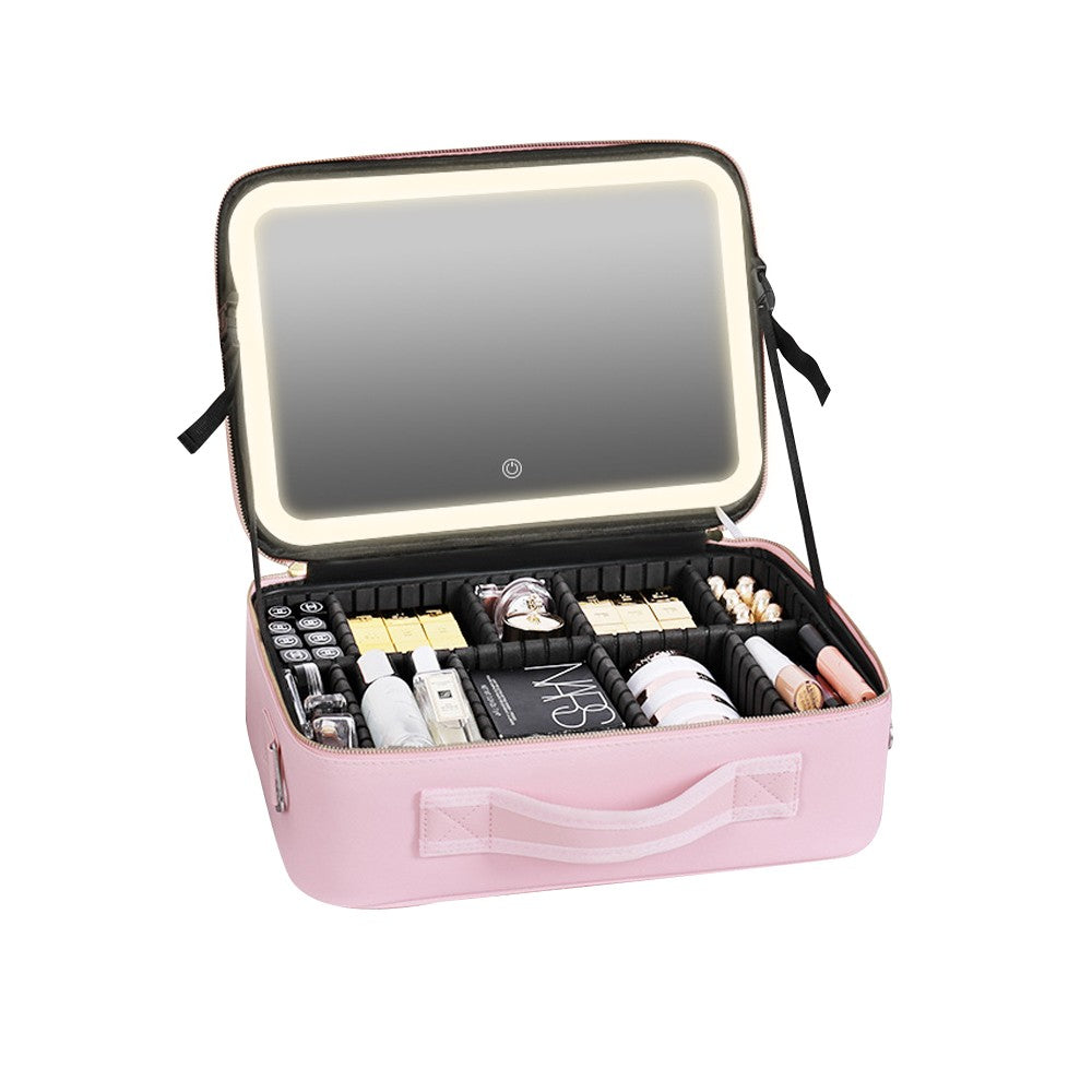 Portable Travel Makeup Case Cosmetic Box with Mirror and LED Light - Pink - L