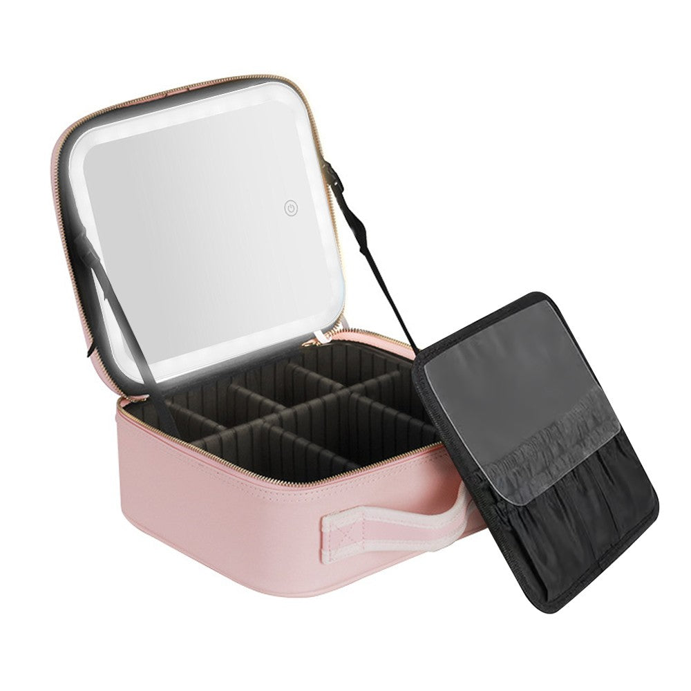 Portable Travel Makeup Case Cosmetic Box with Mirror and LED Light - Pink - S