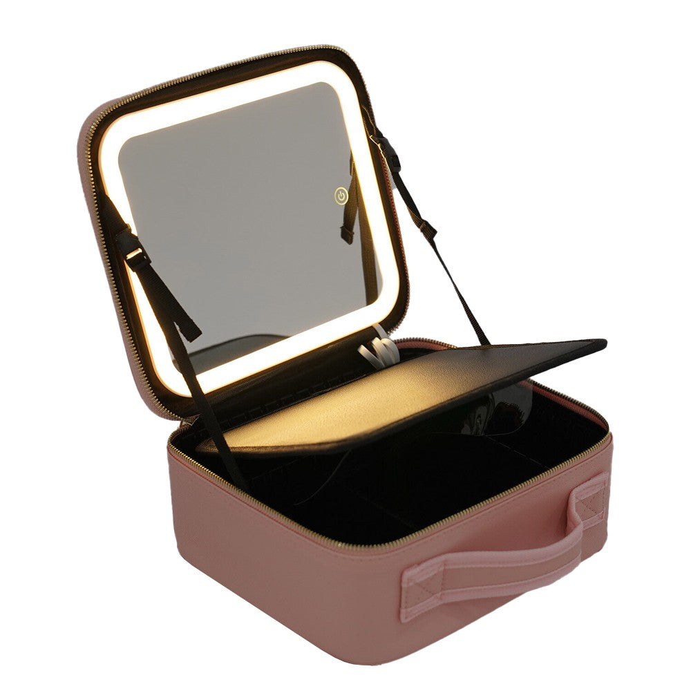Portable Travel Makeup Case Cosmetic Box with Mirror and LED Light - Pink - S
