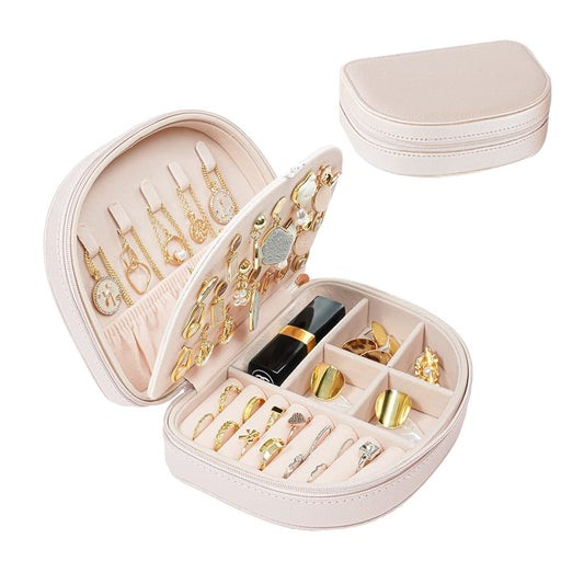 Portable Double Layer Jewelry Box PU Leather Jewelry Storage Case - Apricot