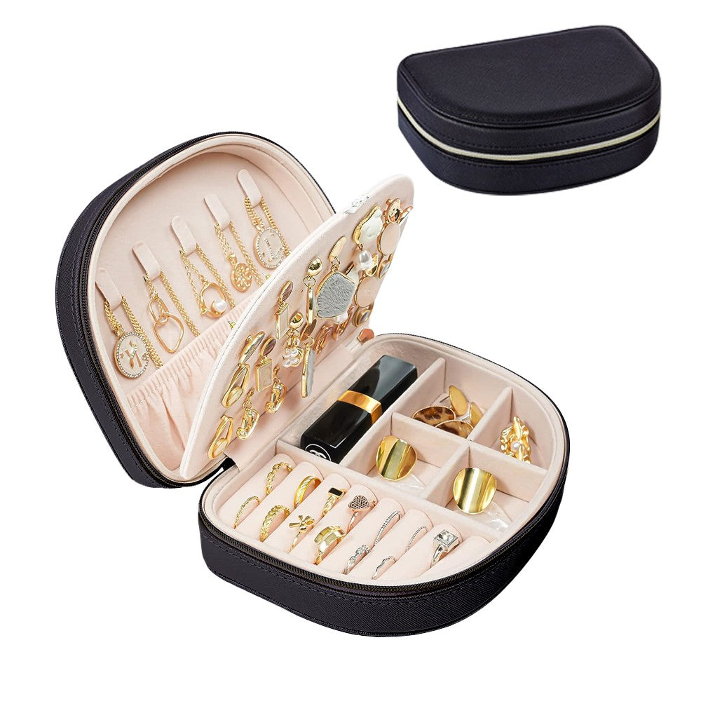Portable Double Layer Jewelry Box PU Leather Jewelry Storage Case - Black