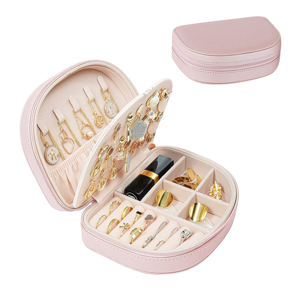Portable Double Layer Jewelry Box PU Leather Jewelry Storage Case - Pink