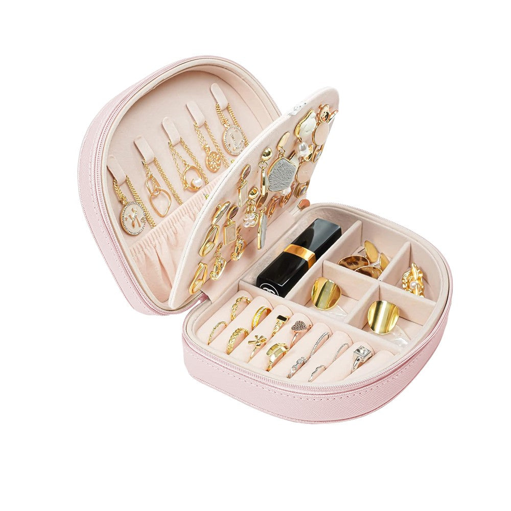 Portable Double Layer Jewelry Box PU Leather Jewelry Storage Case - Pink