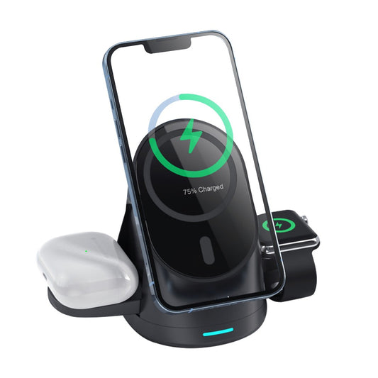 3-in-1 Wireless Magnetic Charger Qi Fast Charging Stand for iPhone Airpods-Black