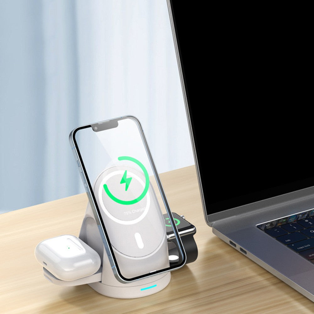 3-in-1 Wireless Magnetic Charger Qi Fast Charging Stand for iPhone Airpods-White