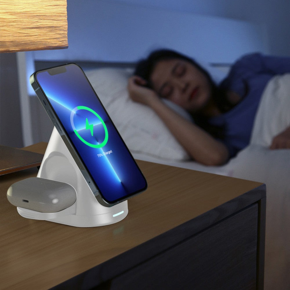 3-in-1 Wireless Magnetic Charger Qi Fast Charging Stand for iPhone Airpods-White