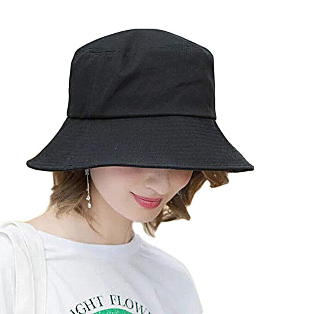 2Pcs Unisex Bucket Hat Cotton Outdoor Sun Cap - Black + Orange