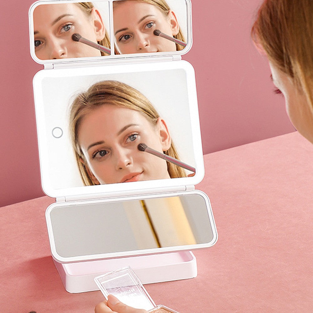 3X Magnification Makeup Mirror with Light 42-LED Tri-Fold Standing Vanity Mirror