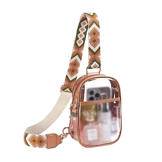 1Pc Clear PVC Stadium Approved Crossbody Bag Chest Bag Shoulder Bag - Brown