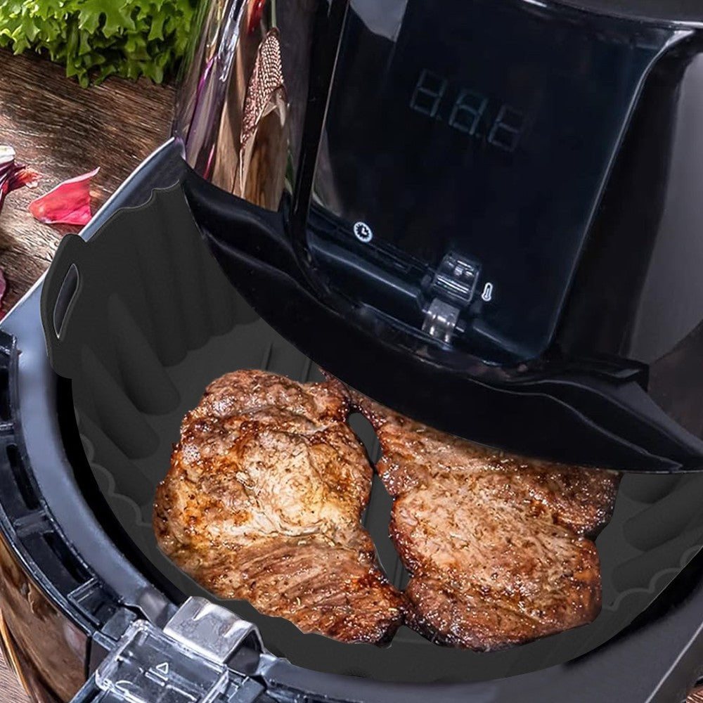 1Pc Round Air Fryer Silicone Pot Liner Oven Baking Tray with Handle - Black