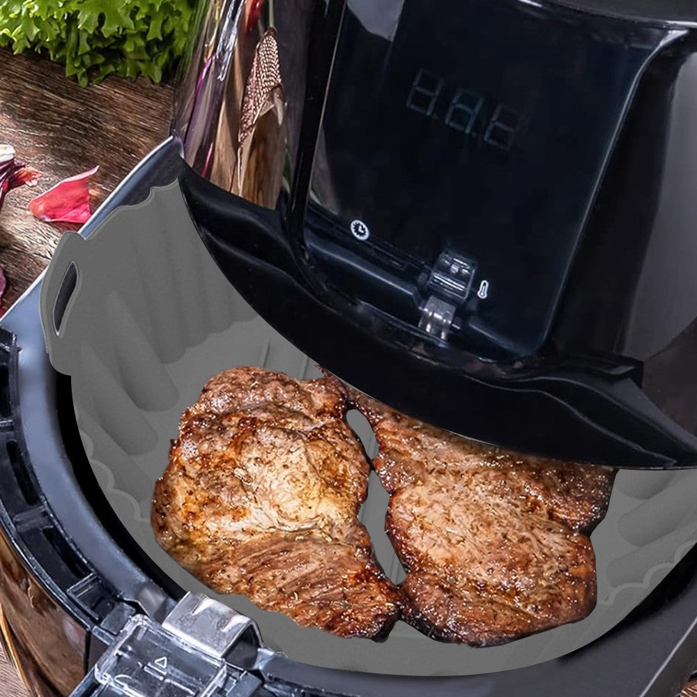 1Pc Round Air Fryer Silicone Pot Liner Oven Baking Tray with Handle - Grey