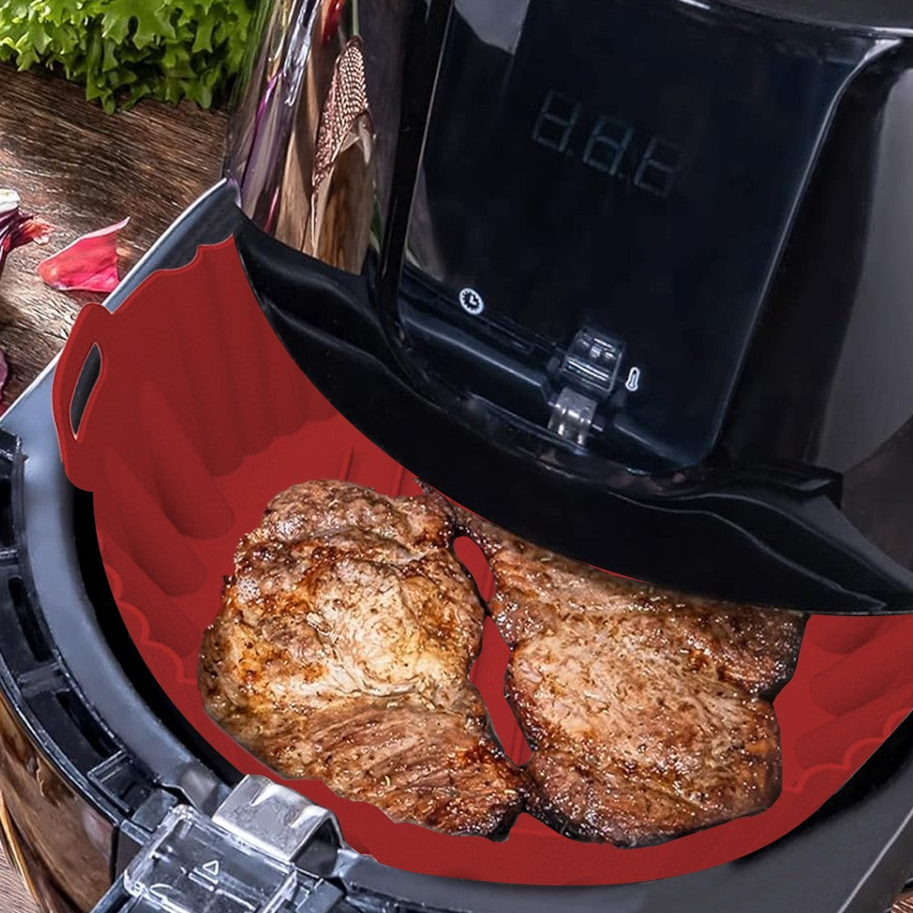 1Pc Round Air Fryer Silicone Pot Liner Oven Baking Tray with Handle - Red