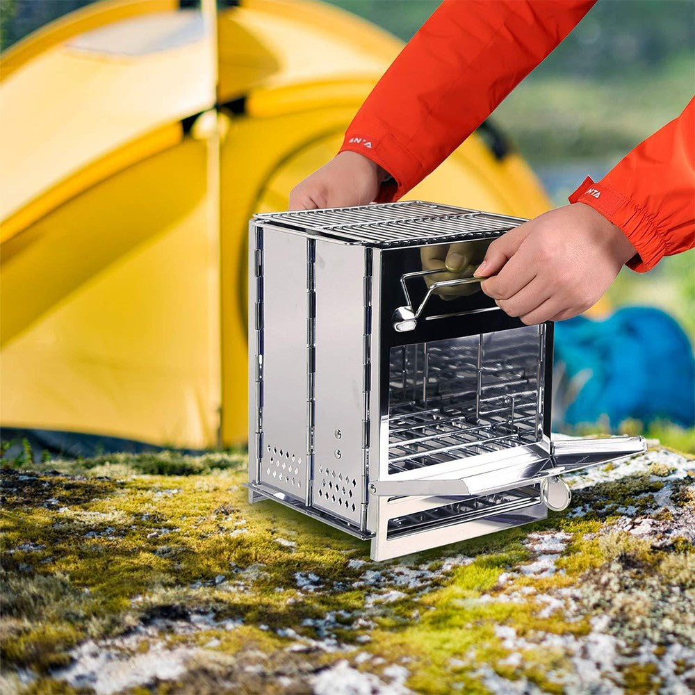 20x20x27cm Foldable BBQ Stove Portable Wood Burning Camping Stove with Grid Rack