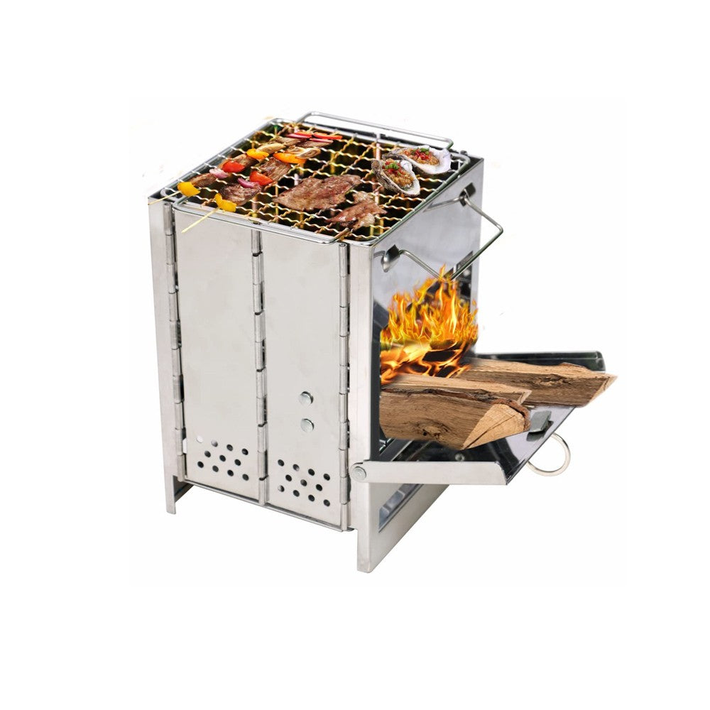 14x14x21cm Foldable BBQ Stove Portable Wood Burning Camping Stove with Grid Rack