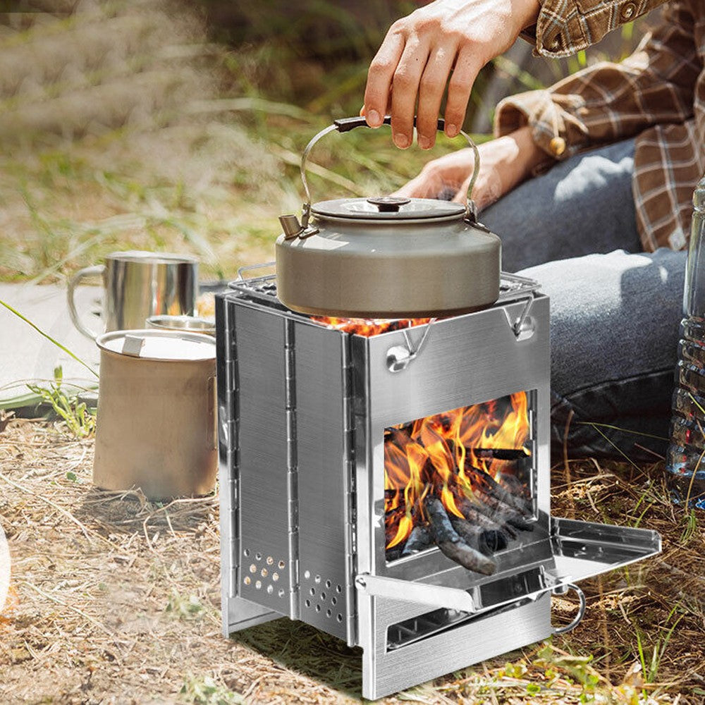 14x14x21cm Foldable BBQ Stove Portable Wood Burning Camping Stove with Grid Rack