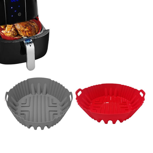 2Pcs Round Air Fryer Silicone Pot Liner Oven Baking Tray with Handle - Grey+Red