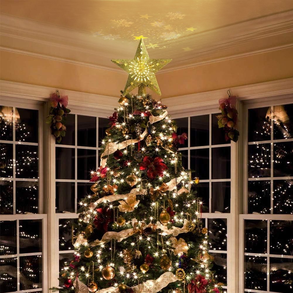 Gold Led Star Projector Christmas Tree Topper 6 different effect pattern cards
