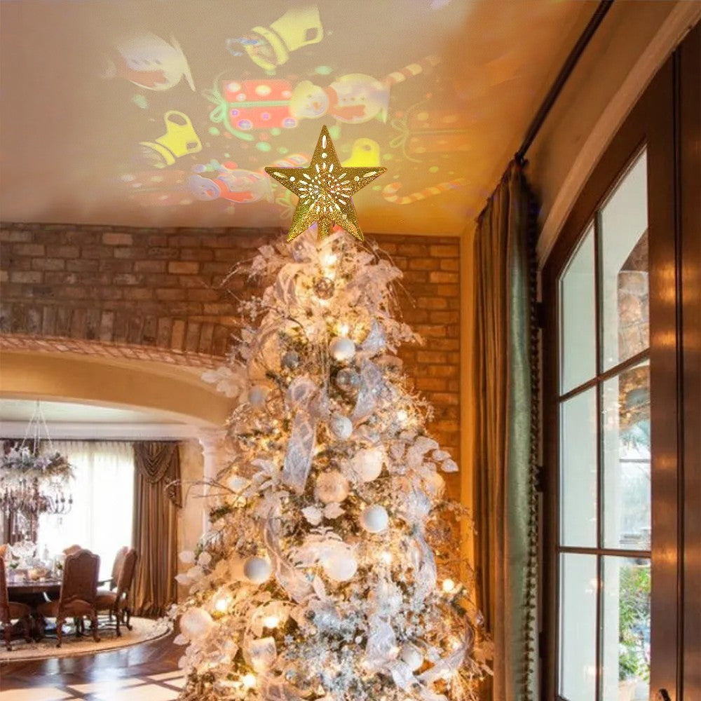 Gold Led Star Projector Christmas Tree Topper 6 different effect pattern cards
