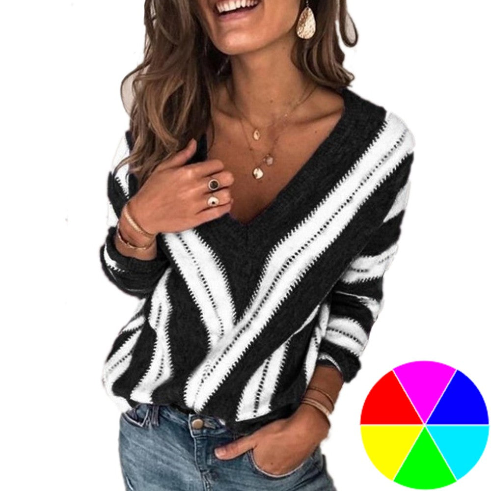 Women V Neck Stripe Knitted Sweater