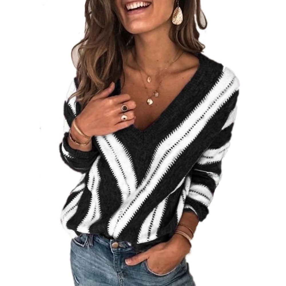 Women V Neck Stripe Knitted Sweater