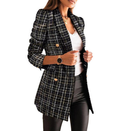 Women Double Breasted Printed Coat Black
