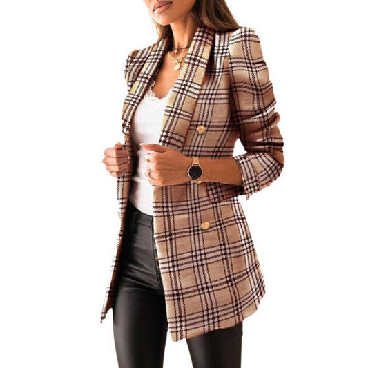 Women Double Breasted Printed Coat Khaki