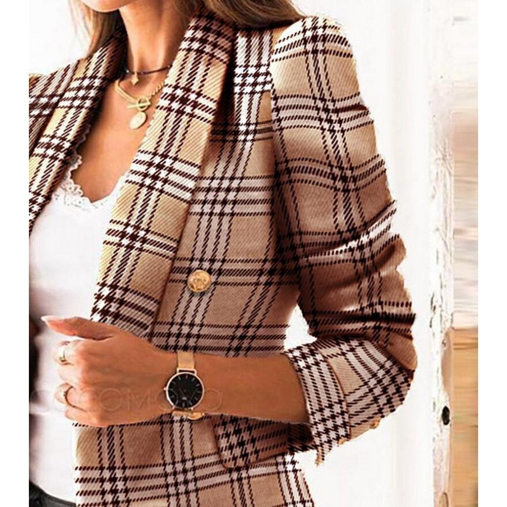 Women Double Breasted Printed Coat Khaki