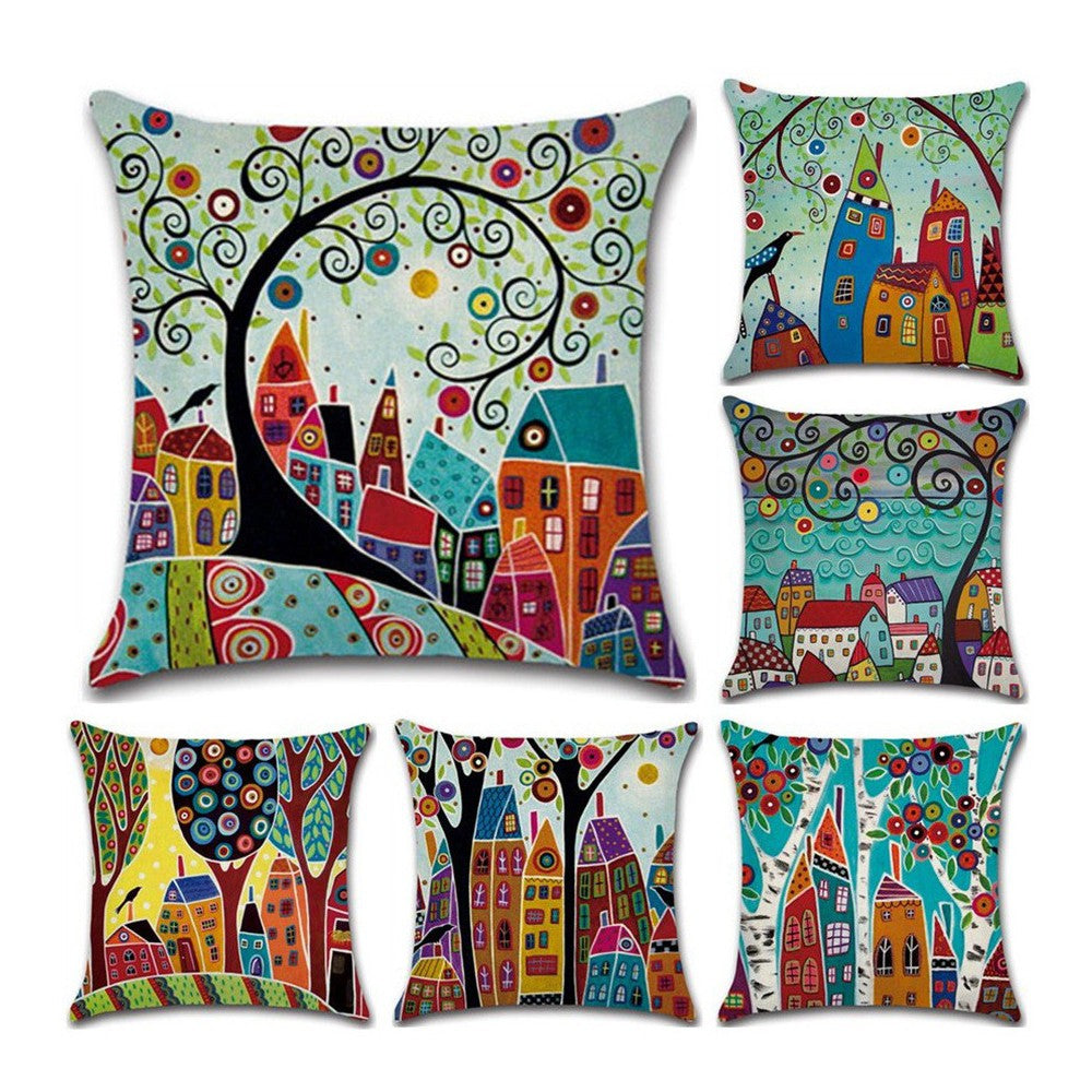 6 X 45CM X 45CM Cartoon Village Cushion Cover