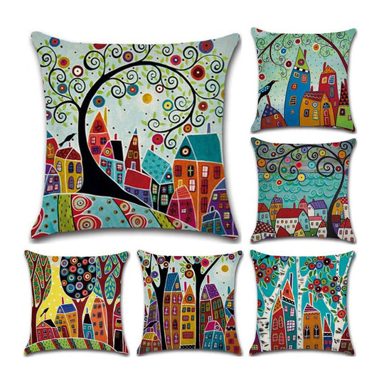 6 X 45CM X 45CM Cartoon Village Cushion Cover